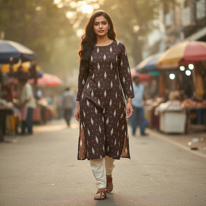 kidshe brown kurti with white leaf print, side slits, and full sleeves, paired with cream leggings.