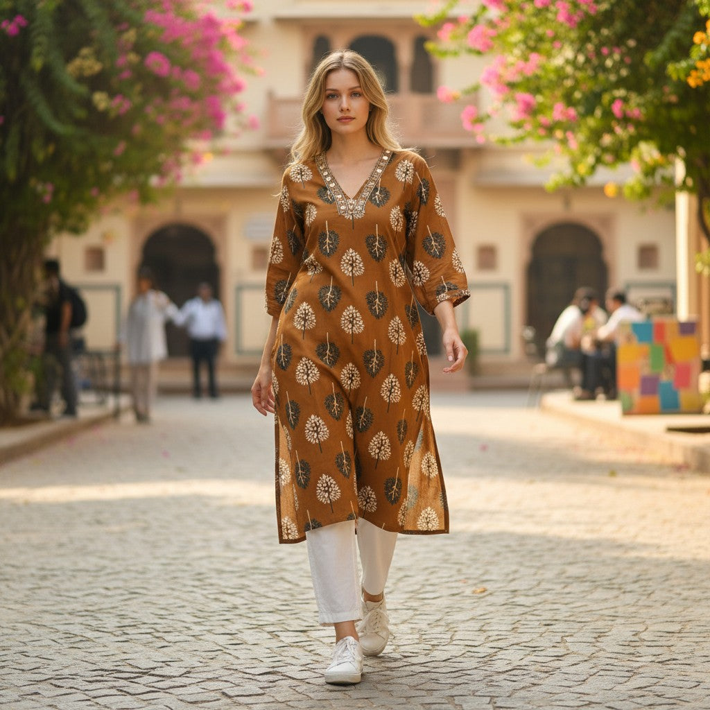 kidshe brown cotton kurti with white and black tree print and mirrored V-neckline
