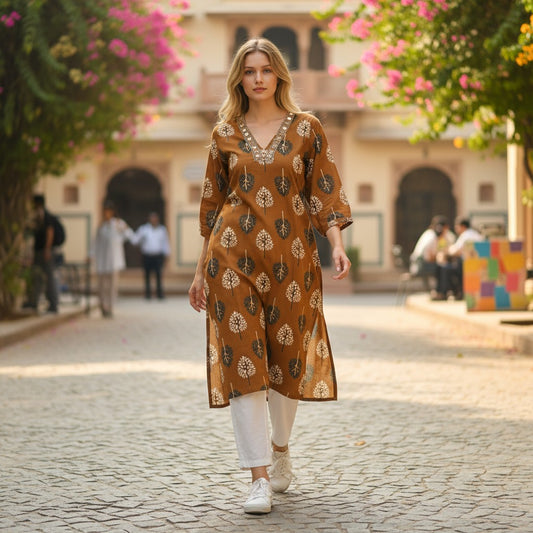 kidshe brown cotton kurti with white and black tree print and mirrored V-neckline