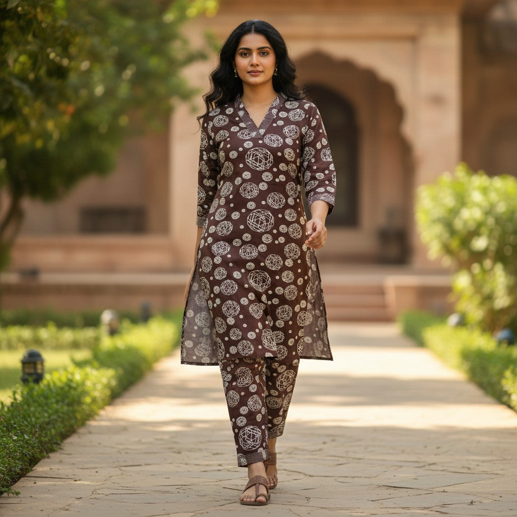 kidshe brown printed kurta and pants set with geometric pattern. Model wearing 3/4 sleeves and v-neck.