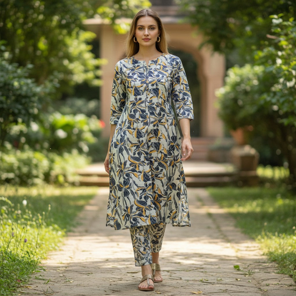 kidshe co ord set with a floral print in navy blue and yellow on a light grey background.