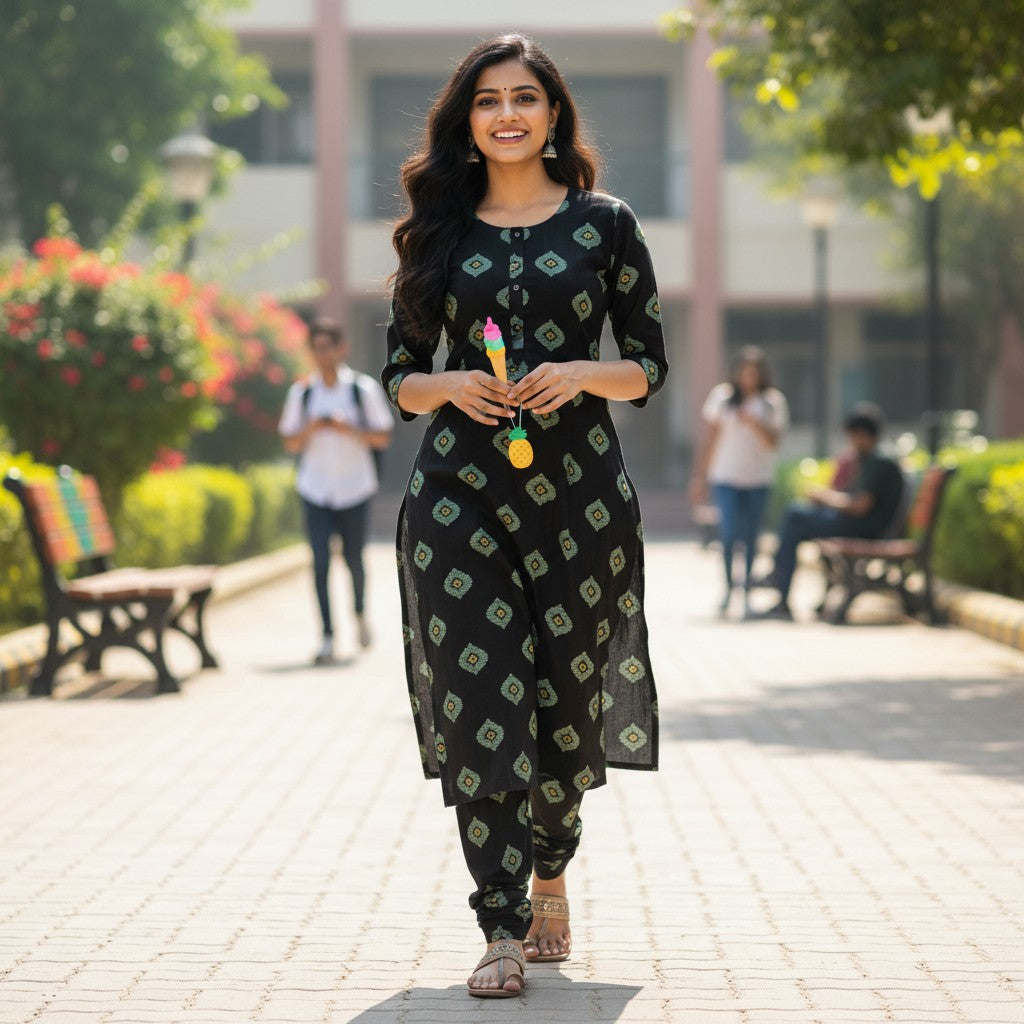 kidshe dark brown kurta with a repeating diamond and stripe pattern in light green and yellow