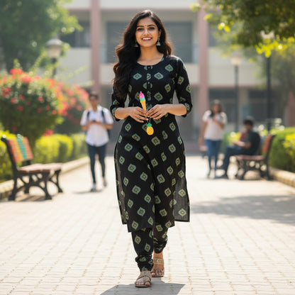 kidshe dark brown kurta with a repeating diamond and stripe pattern in light green and yellow