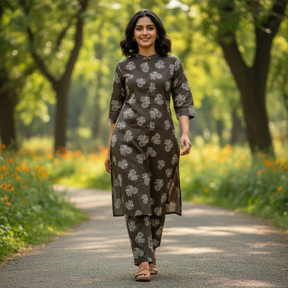 kidshe dark grey cotton kurta and pants set with white floral print, mandarin collar, 3/4 sleeves, and side slits.
