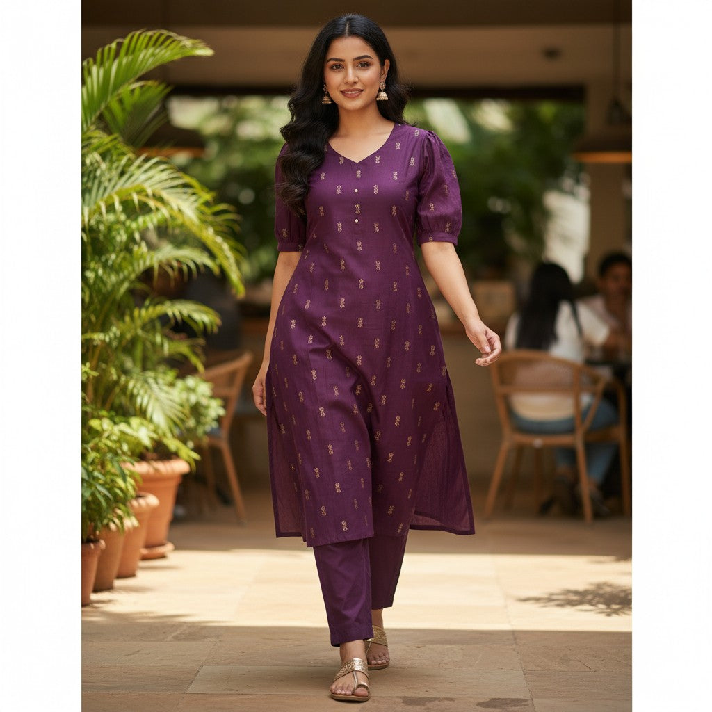 kidshe dark rose 2 pc kurta and pant set with gold motifs and puff sleeves