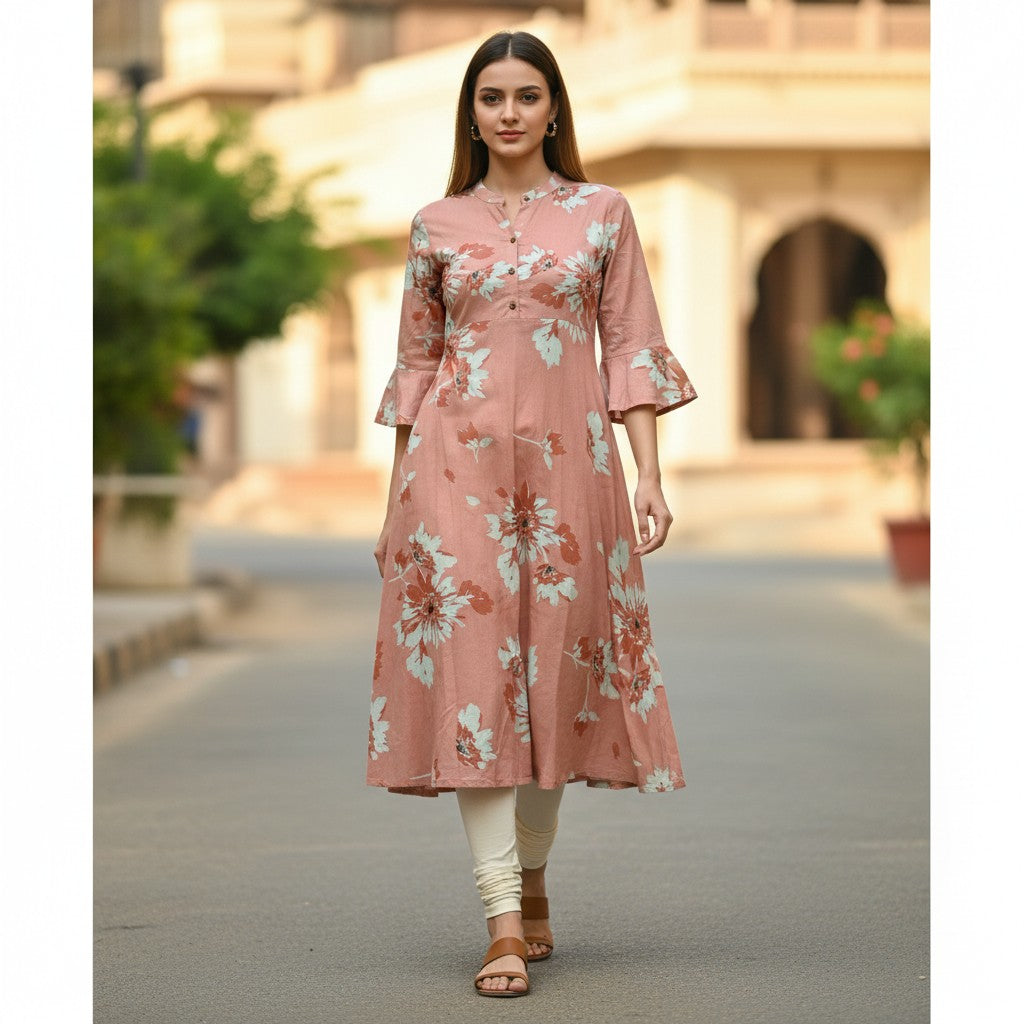 kidshe fire orange anarkali kurta with floral print, bell sleeves, and mandarin collar worn by a model outdoors