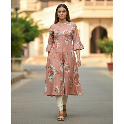 kidshe fire orange anarkali kurta with floral print, bell sleeves, and mandarin collar worn by a model outdoors