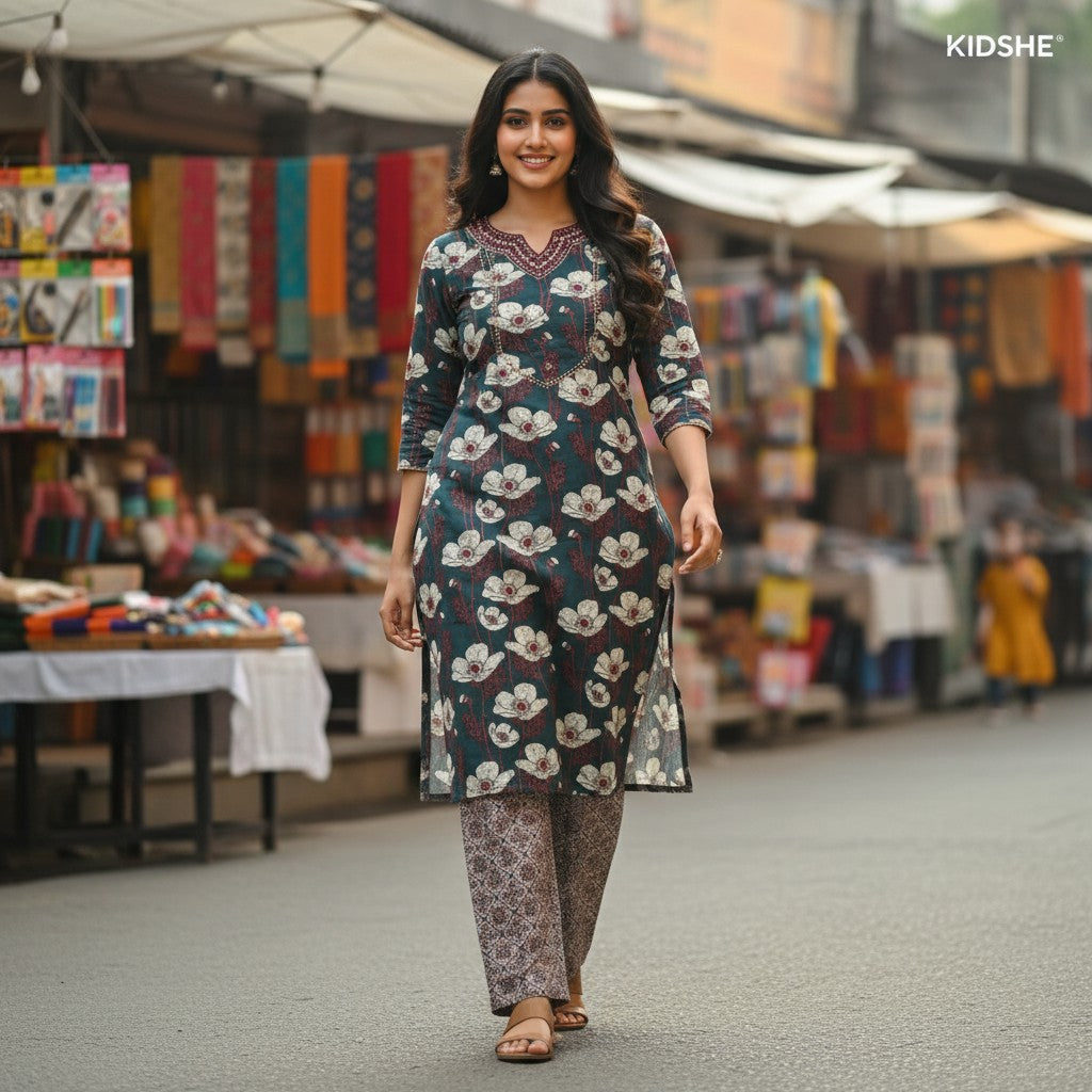 kidshe dark green floral print kurta with white flowers and maroon accents, paired with patterned trousers.
