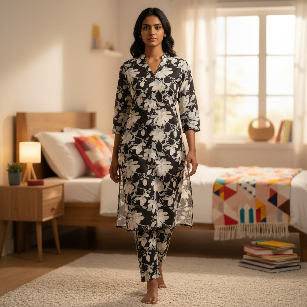 kidshe black and white floral print 2-piece pajama set with short sleeves and pants