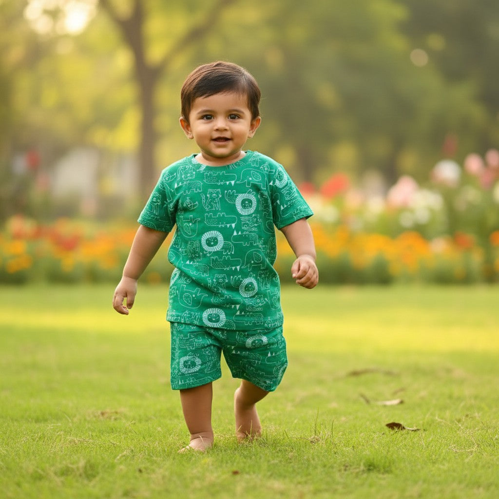 kidshe green baby boy 6-12m cotton coord set with all-over cartoon animal print