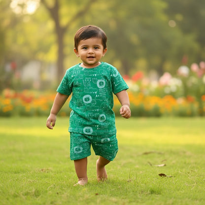 kidshe green baby boy 6-12m cotton coord set with all-over cartoon animal print