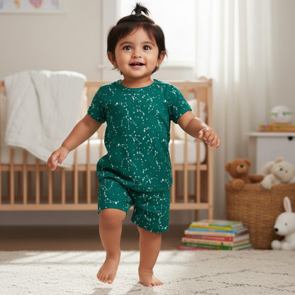 kidshe baby girl coord set in dark green with a white constellation print, worn by a toddler in a nursery.