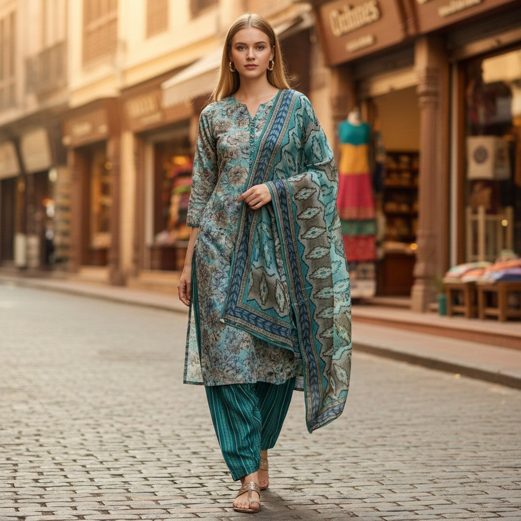 kidshe 3 pc candy cotton green floral print kurta with striped pants and dupatta