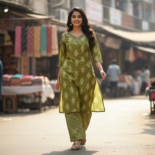 kidshe green cotton kurta with white leaf print and matching checkered pants