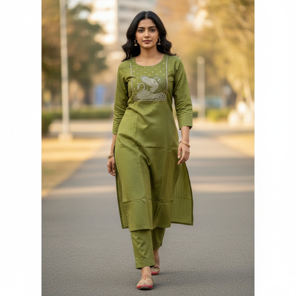kidshe green kurti with side open detail and embroidered neckline