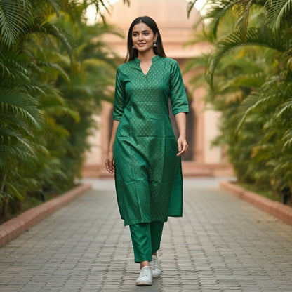 kidshe green raw silk side-open kurta set with subtle gold pattern worn by a woman with white sneakers