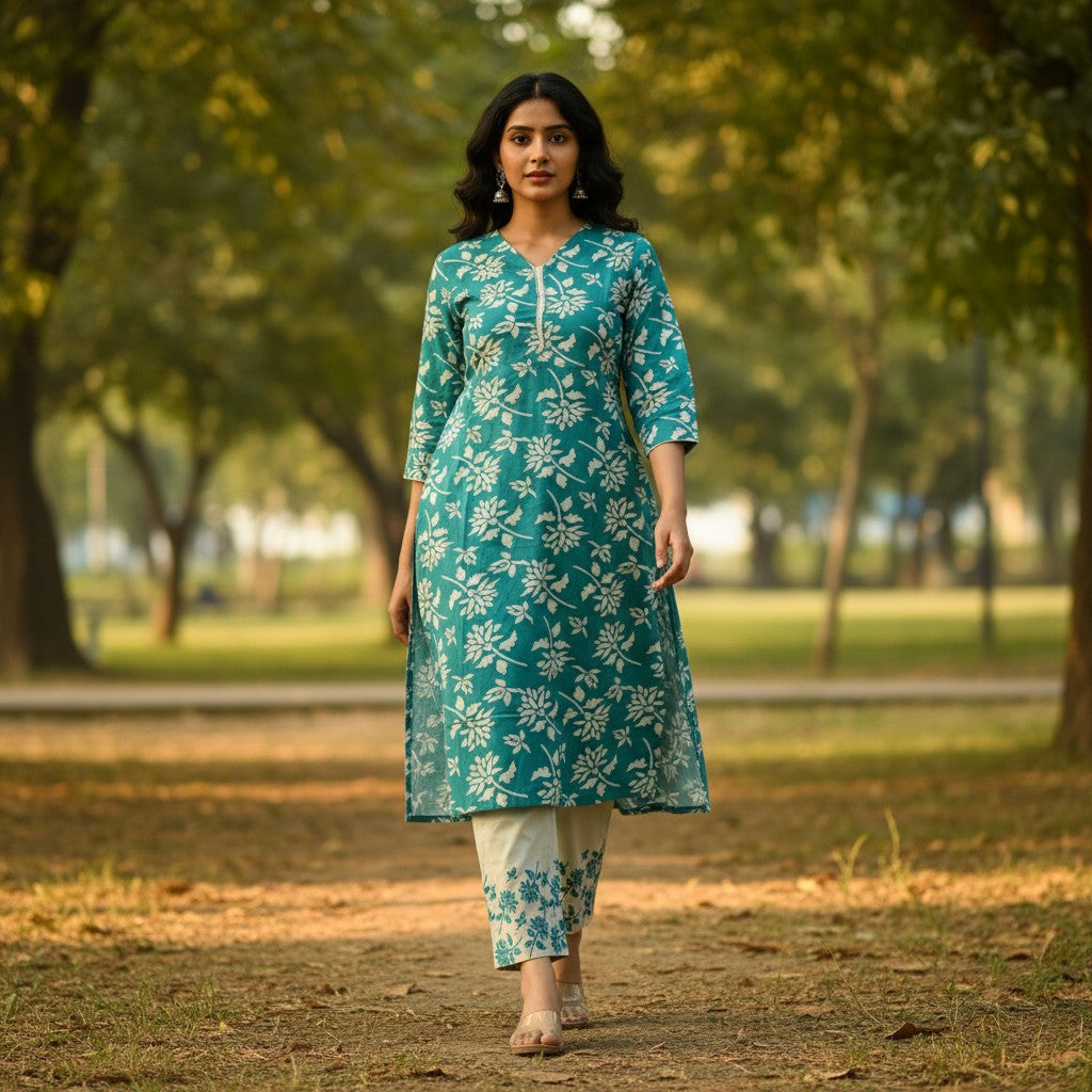 kidshe 3 pcs green saloni with white floral print, long sleeves, and matching pants.