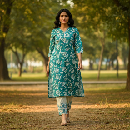 kidshe 3 pcs green saloni with white floral print, long sleeves, and matching pants.