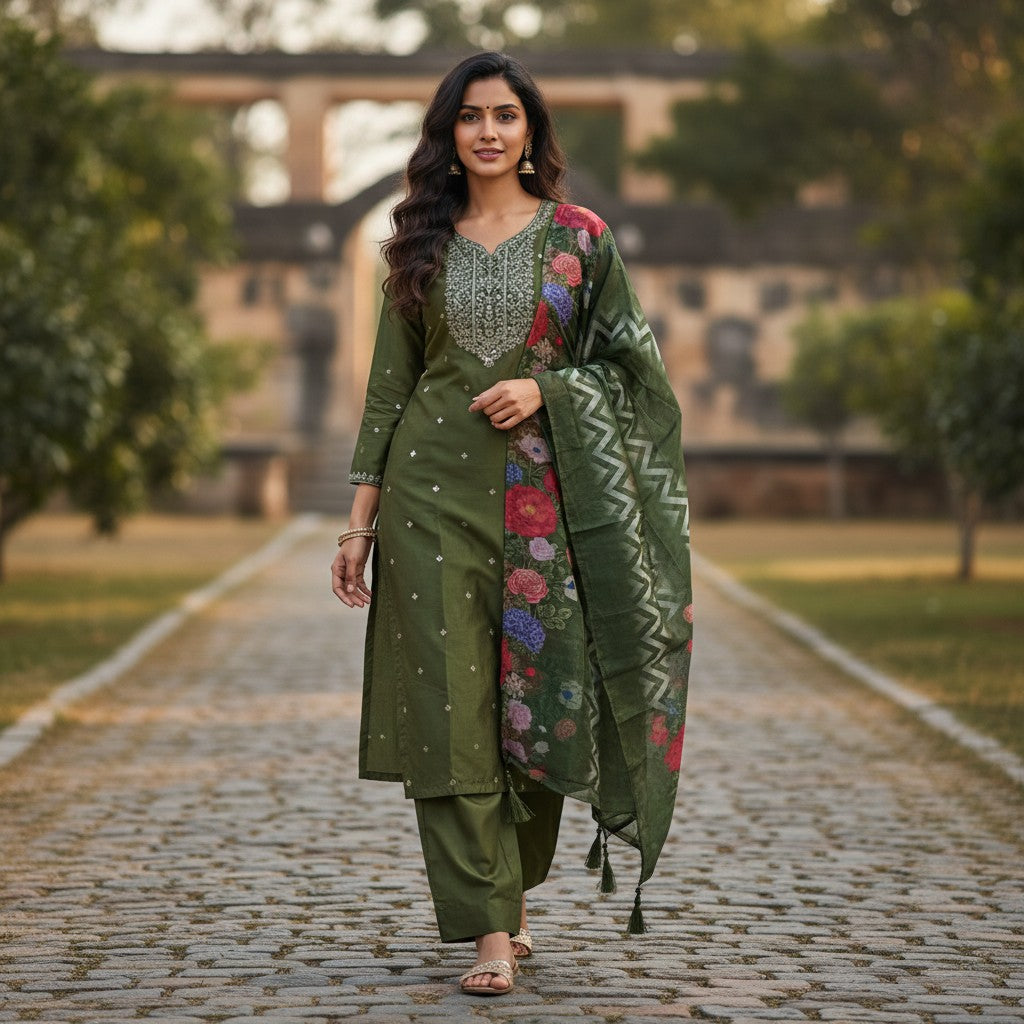 kidshe 3 pcs green silk suit with floral print dupatta and silver embellishments on neckline
