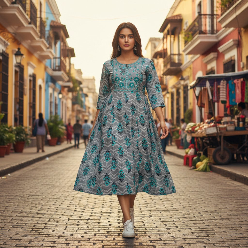 kidshe grey anarkali kurti with blue and black floral print and chevron pattern