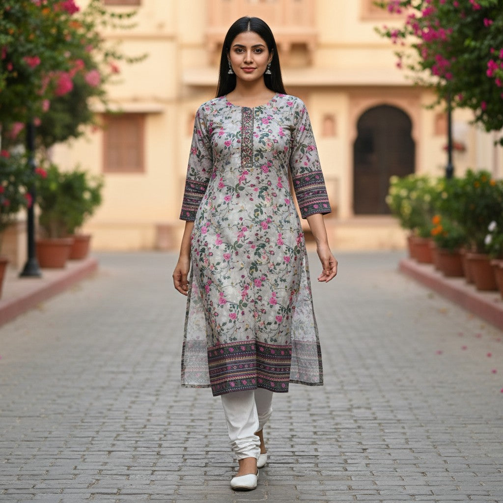 kidshe grey floral print long sleeve kurti with embroidered neckline and patterned hem