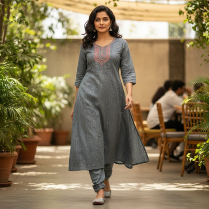 kidshe grey checkered kurta with embroidered neckline and scattered sequins