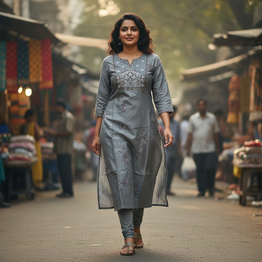 kidshe grey silk ele kurta with floral embroidery and peacock motif on neckline