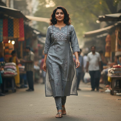 kidshe grey silk ele kurta with floral embroidery and peacock motif on neckline
