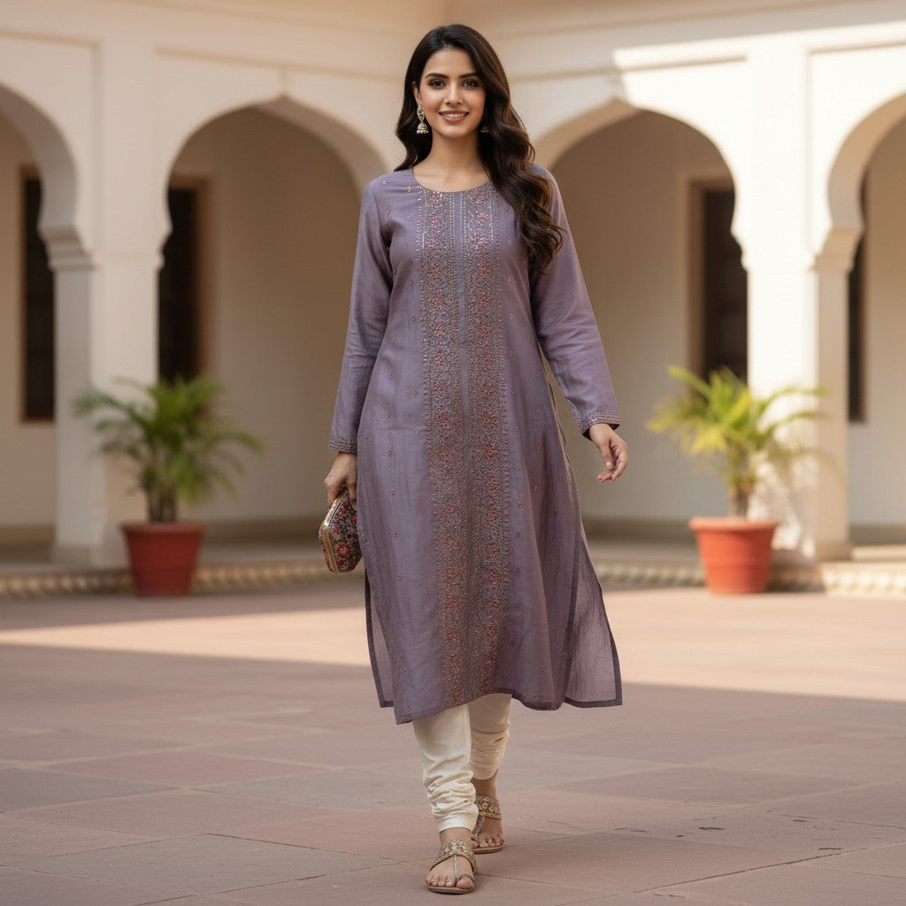 kidshe lavender side-open kurta with intricate embroidery, paired with cream churidar pants and sandals.