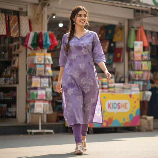 kidshe ShA 7310 lavender dress with floral print and decorative neckline