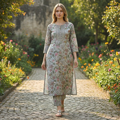 kidshe light blue floral print kurta with sequin embellished neckline and full sleeves