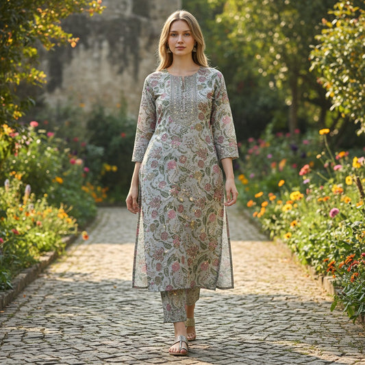 kidshe light blue floral print kurta with sequin embellished neckline and full sleeves