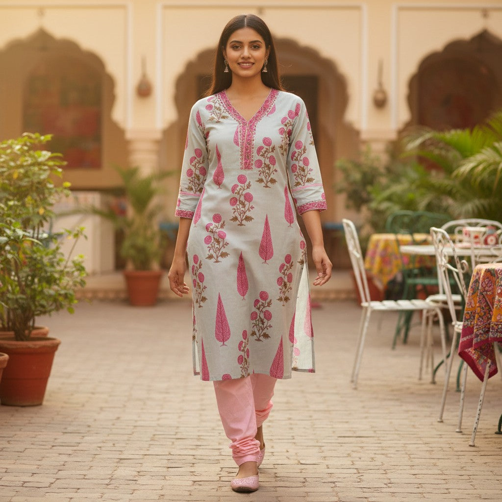 kidshe light blue kurti with pink floral and leaf print, V-neck with pink embroidery
