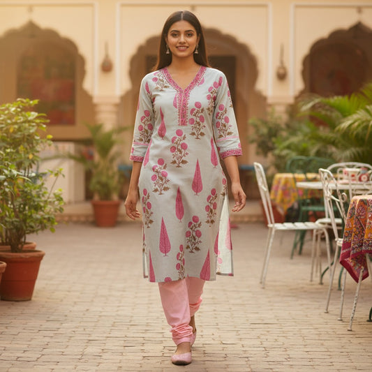 kidshe light blue kurti with pink floral and leaf print, V-neck with pink embroidery