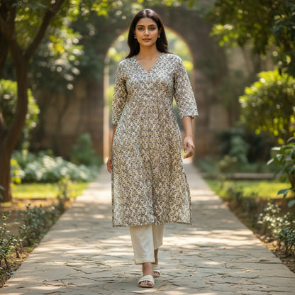 kidshe Mahek sandal, a printed cotton dress with 3/4 sleeves and a V-neck.
