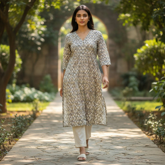 kidshe Mahek sandal, a printed cotton dress with 3/4 sleeves and a V-neck.