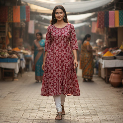 kidshe maroon kurti with white leaf print, side open design, and three-quarter sleeves worn by a model in a market.