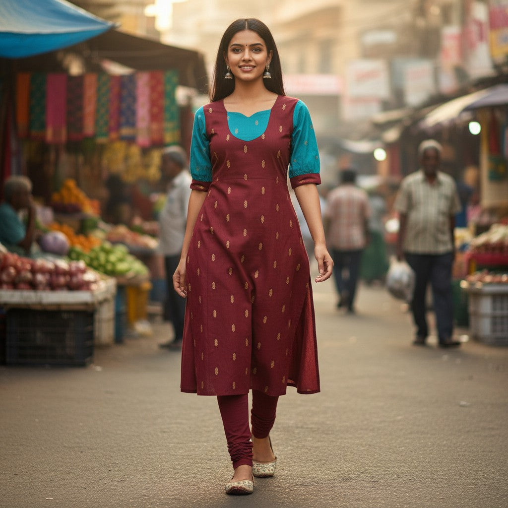 kidshe maroon raw silk kurta with blue sleeves and gold motif print