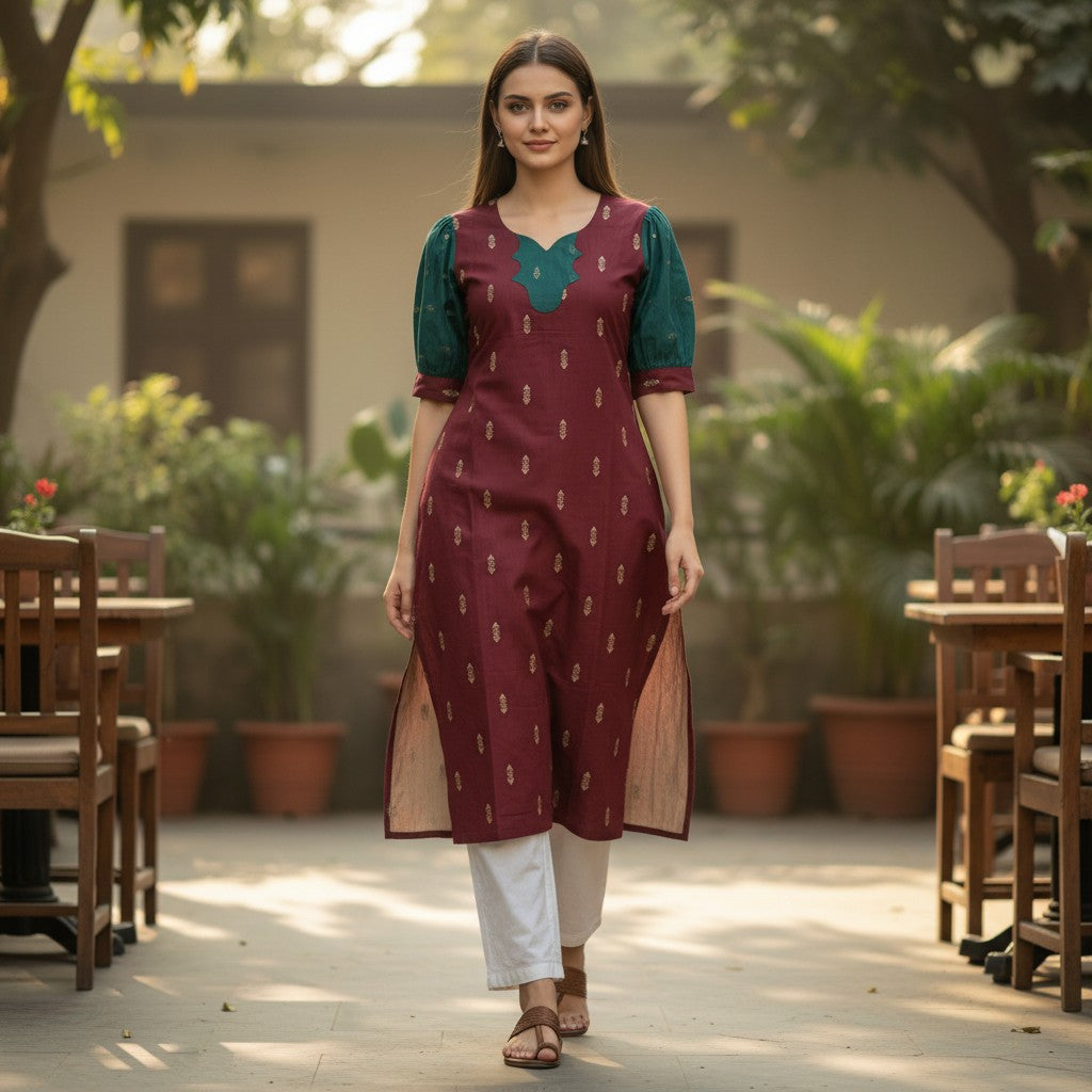 kidshe maroon raw silk kurta with green sleeves and embroidered detail