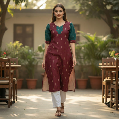 kidshe maroon raw silk kurta with green sleeves and embroidered detail