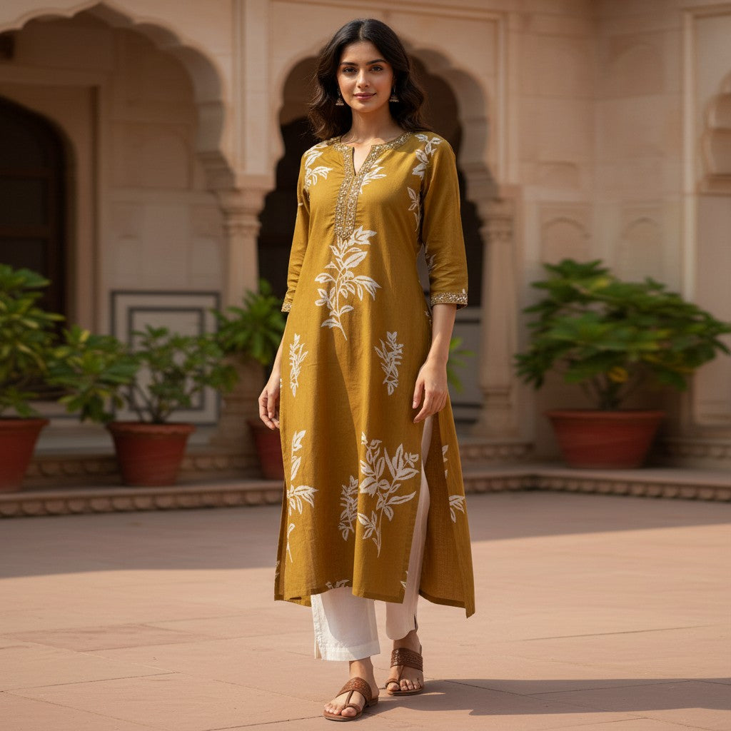 kidshe mustard yellow kurti with white floral print and embroidered neckline