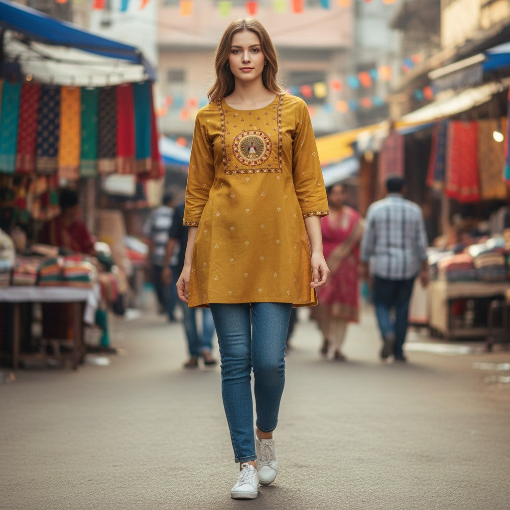 kidshe mustard yellow short top with peacock embroidery and small floral print