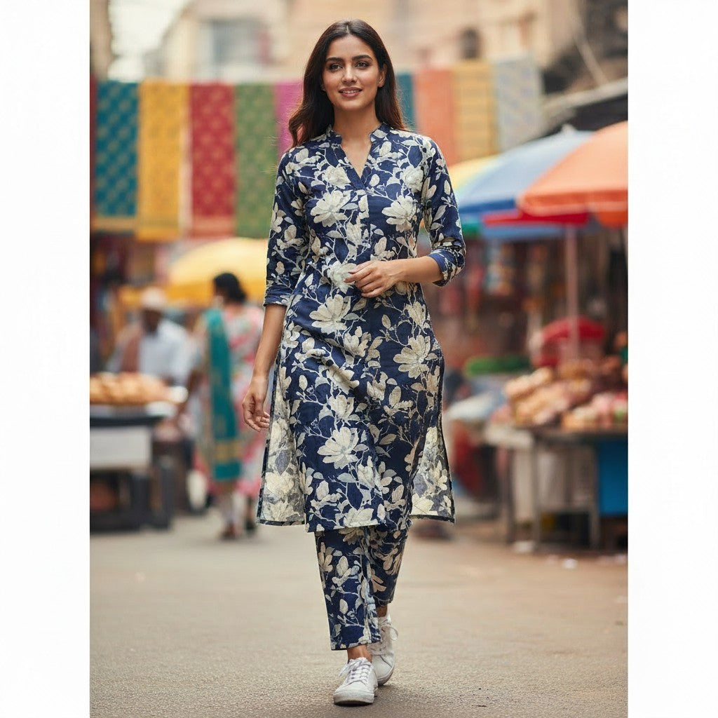 kidshe navy blue floral print cotton kurta and pants set with a yellow tote bag