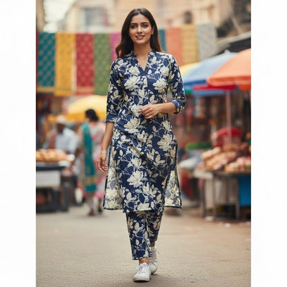 kidshe navy blue floral print cotton kurta and pants set with a yellow tote bag