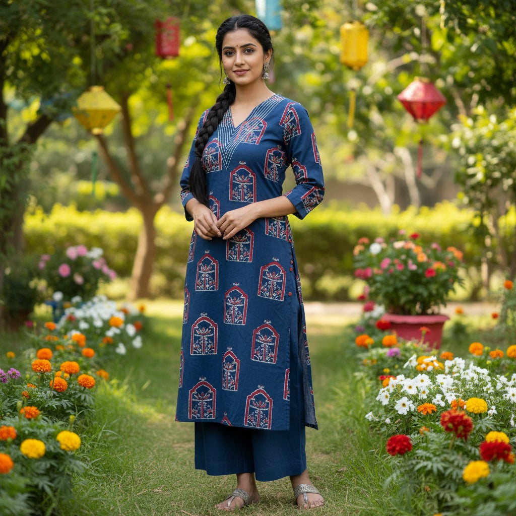 kidshe navy blue cotton kurti with red and white block print pattern and V-neck