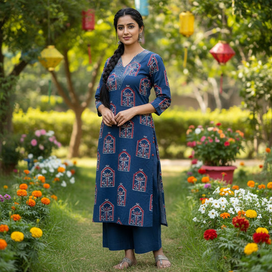 kidshe navy blue cotton kurti with red and white block print pattern and V-neck