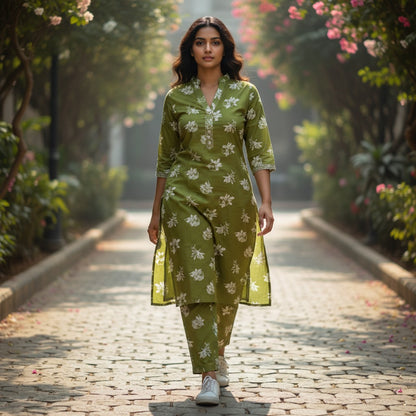 kidshe olive green floral print kurta and pant set with white sneakers