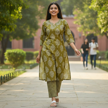 kidshe olive green cotton kurta and pants set with white tree print and embroidered neckline