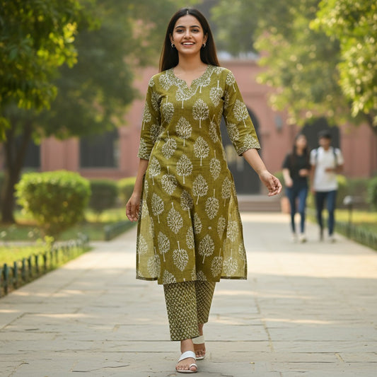 kidshe olive green cotton kurta and pants set with white tree print and embroidered neckline