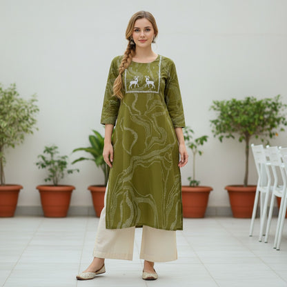 kidshe olive green cotton kurti with white dotted pattern and deer embroidery on yoke